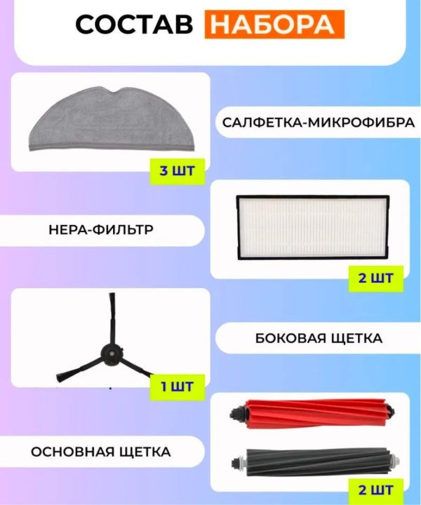 Для робота пылесоса Xiaomi , Roborock S8/S8+/S8 Pro Ultra : Салфетка-микрофибра 3 шт., HEPA-фильтр 2 шт. , черная боковая щетка, красная и черная основные щетки — изображение 4
