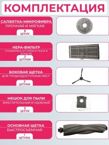 Комплект аксессуаров для робота пылесоса Xiaomi , DreameBot L10s Pro Ultra Heat: Салфетка-микрофибра 8 шт., HEPA-фильтр 2 шт., Боковая щетка 2 шт., Мешки для сбора пыли 5 шт., Основная щетка. — изображение 2