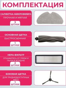 Комплект аксессуаров для робота пылесоса Xiaomi , Dreame D9 Max Gen 2 : Основная щетка, Салфетка-микрофибра 3 шт., HEPA-фильтр 2 шт., Боковая щетка 1 шт. — изображение 3